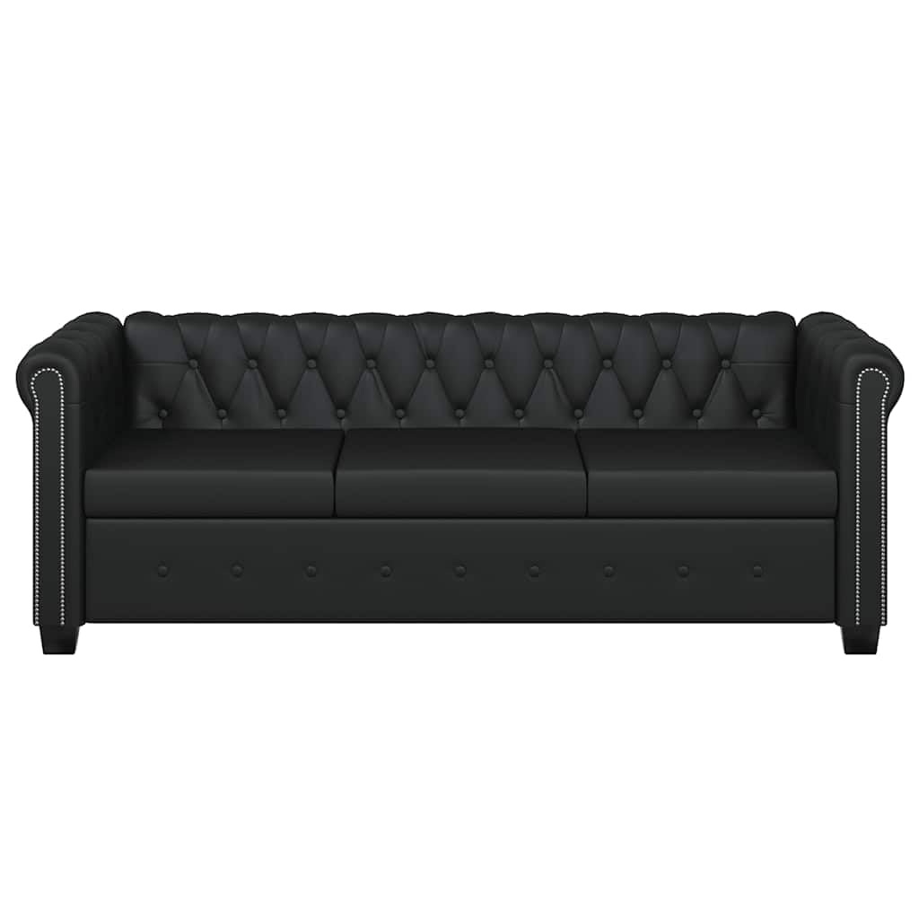 Sofá Chesterfield de 3 plazas, piel sintética, color negro, clásico con cierre de botones y remaches, elegante sofá acolchado de tres plazas para salón y oficina, 200,5 cm de ancho