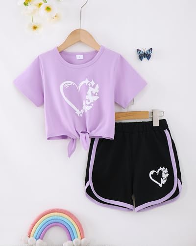 Image of Jecson Girls Summer Outfits 2Pcs Kids Clothes Girls Tie Knot Front Tops T-Shirts and Casual Short Sets 5-12Y