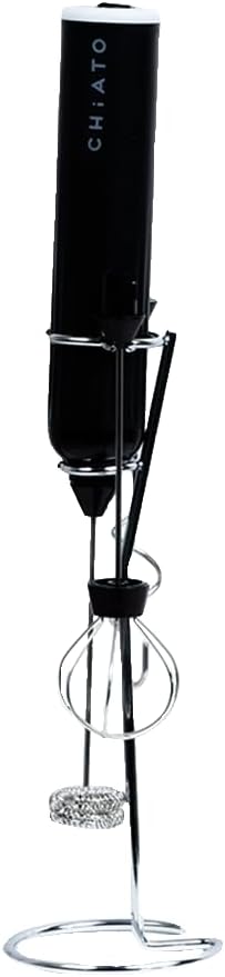 CHiATO lattePLAY Milk Frother in black, standing upright on its chrome stand