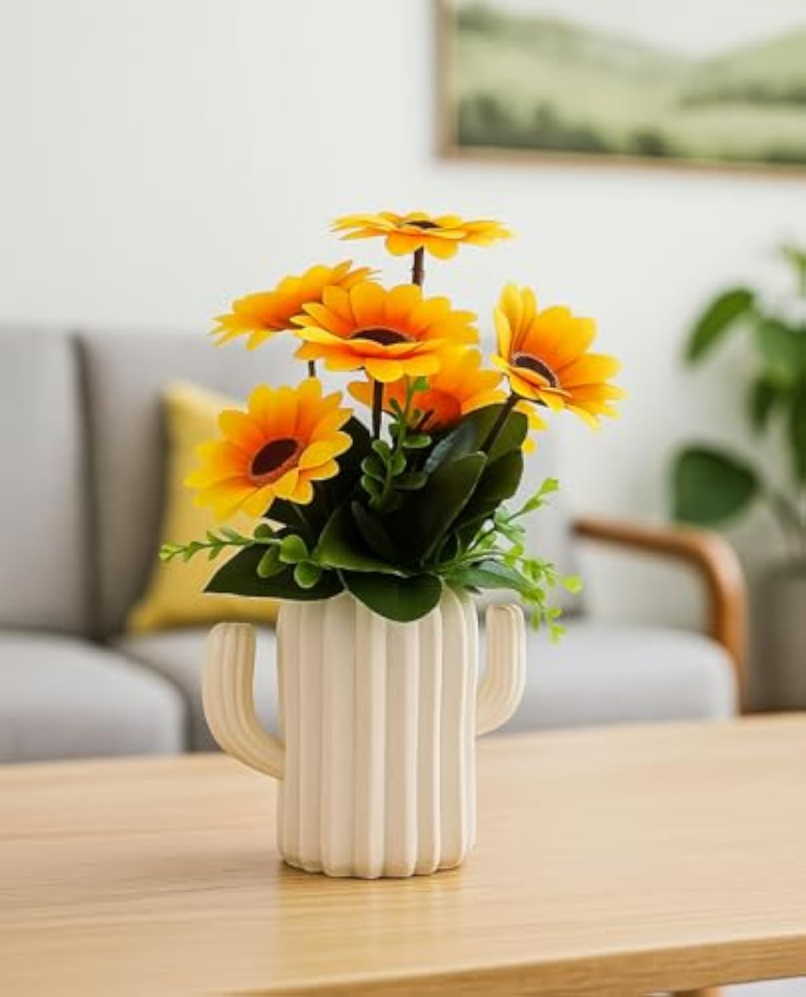 Cactus Shaped Ceramic Flower Pot with Artificial Sunflower Arrangement