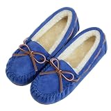 Vonair Women's Moccasin Slippers Micro Suede Warm Faux Fur Pile Lined Lace-Up Bow Cozy Indoor & Outdoor Moccasins Slip On Loafers Shoes for Women Blue US 7