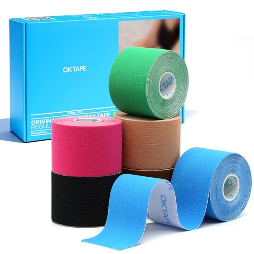 Image of OK TAPE Kinesiology Tape (6 Pack) Latex Free Cotton Uncut 2in x 16.4ft | Regular Elastic Water Resistant Therapeutic Athletic Tape for Support Muscle Joint Knee Injury Recovery Mixed Color