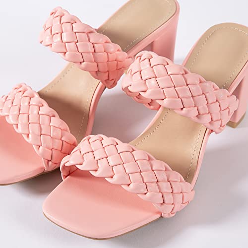 Braided Women Heels Sandals Woven Chunky Heels Rose Pink Square Toes Leather Comfortable Strappy Dress Casual Pumps Mules Sandals (8, Braided Rose Pink 3'' Heel, Numeric_8) #TOP6