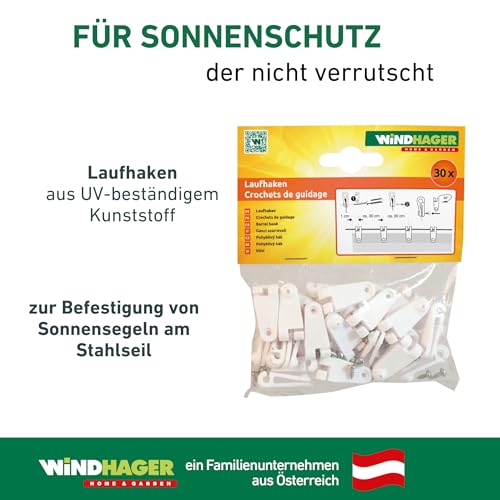 Windhager Laufhaken zur Befestigung von Sonnensegel oder Seilspannmarkise, 30 Stk Set mit Edelstahlschrauben