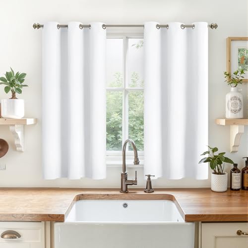 Image of YoungsTex Short White Curtains for Window - Grommet Top 45 Inches Length Window Treament Curtains Privacy Protection for Kitchen Cafe, 2 Panels, 42 x 45 Inch