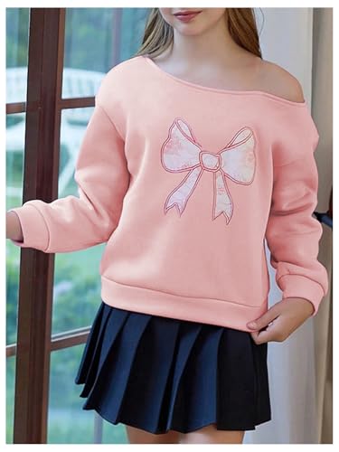 Girl's Off The Shoulder Sweatshirt Tops Long Sleeve Cute Bow Sweatshirt Thermal Pullover Tops3