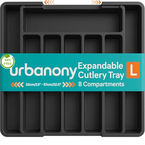 Urbanony Large Cutlery Drawer Organiser Expandable, 33-57x38cm Utensil Tray with 8 Compartments, multi-use 0rganizer, Kitchen Drawer Divider for Spoons, Forks, Knives, Silverware Storage, Black