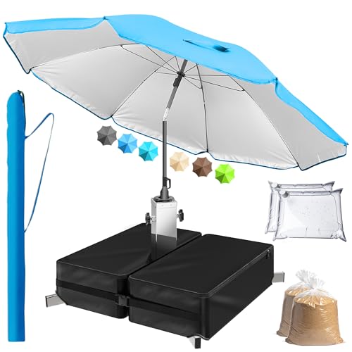 4smile Sonnenschirm mit Ständer im 3er-Set, Blau - Sonnenschirm Strand, inkl. Schirmhülle und befüllbarem Sonnenschirmständer - Strandschirm, Balkonschirm rund, höhenverstellbar knickbar