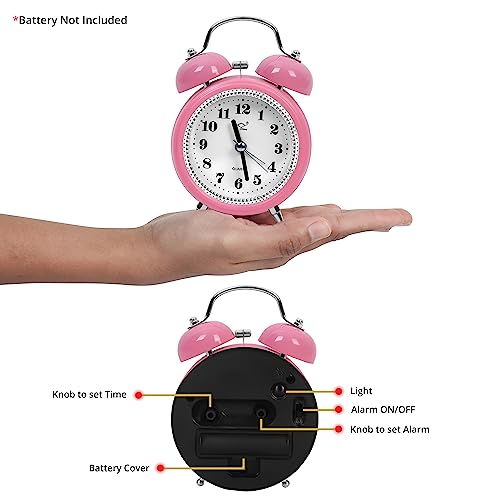 ABOUT SPACE 4 Inch Twin Bell Alarm Clock Round Silent Analog Desk/Non-Ticking with Night Light- Battery Powered Simple Design for Home Office Students Kids Bedroom - (PVC) Pink (Battery not Included)