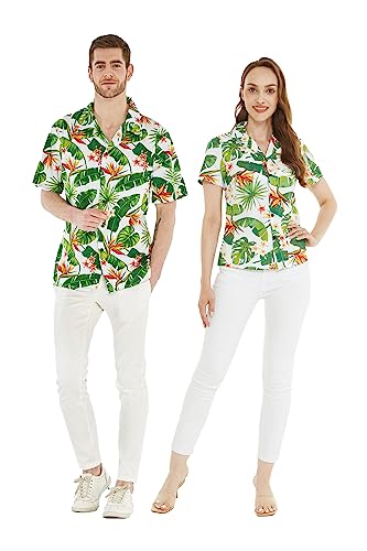Couple Matching Hawaiian Luau Men and Women Shirts in Bird of Paradise