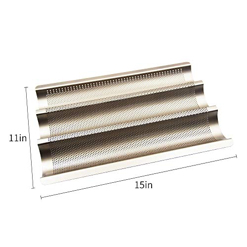FireKylin Nonstick Perforated Baguette Pan, 15\" x 11\" French Bread Pan 3 Wave Loaves Loaf Bake Mold Toast for Oven Baking (Champagne Gold)