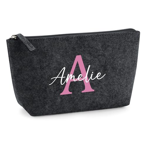 Schminktasche mit Namen und Initialen | Filztasche personalisiert für Kosmetik & Pflege | Schminktasche für Mädchen (Anthrazit, klein)