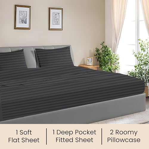 Image of SGI 108 inchx80 inch 4 Pc Florida King Sheet Set 600 TC 12 inch Deep, Dark Gray Stripe