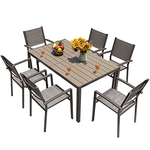 Homall 7 Pieces Patio Dining Set Outdoor Furniture with 6 Stackable Textilene Chairs and Large Table for Yard, Garden, Porch and Poolside, Grey