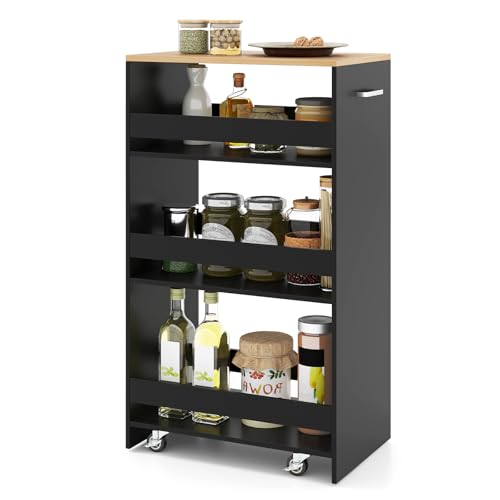 COSTWAY Chariot de Rangement 30 cm à roulettes, Desserte de Cuisine Etroit à 4 Niveaux avec Poignée Latérale et Roues Universelles avec Freins, Design...