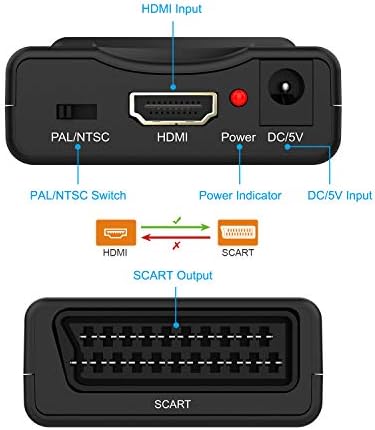 HDMI to SCART Converter Adaptor, Convert digital 1080P HDMI video and audio signal to analog SCART CVBS signal, Support PAL/NTSC Formats