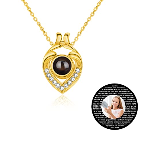 Personalisierte Fotografie Projektion Halskette Wassertropfen Halskette Ich liebe dich Halskette 100 Sprachen 925 Sterling Silber Anhänger Halskette Familie passender Mutter und Frau Schmuck (Gold) Cover
