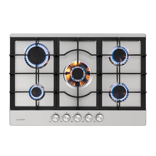 Klarstein Plaque de cuisson gaz encastrée, table de cuisson gaz, brûleur, gaz naturel/gaz propane, soupapes sécurité, arrêt automatique, porte-casseroles en fonte, 5 brûleurs (Argent)