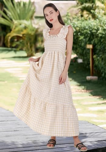 ebossy Women's 2025 Fashion Plaid Dress Sleeveless Smocked Ruffle Pleated Boho Party Beach Gingham Maxi Dresses3