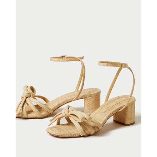 Arqa Bow-embellished Natural Raffia Heeled Sandals for Women Open Squared Toe Block Mid Heel Ankle Strap Sandal Summer Wedding Party Dressy Shoes3