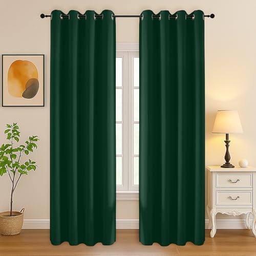 Image of Simplebrand Ever Green Curtains for Bedroom Living Room 90 Inches Long 2 Panels Set, Room Darkening Thermal Insulated Curtains & Drapes, Solid Grommet Noise Reducing Window Treatment, W50 x L90 Inch