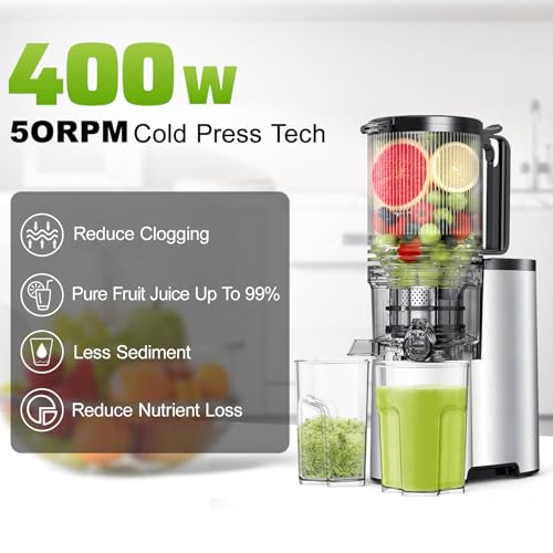 Cold Press Juicer, 5.8" Wide Feed Chute Juice Extractor Machine with 400W, High Juice Yield, Slow Masticating Juicer for Whole Vegetables & Fruits, Premium Silver - Thumbnail 6