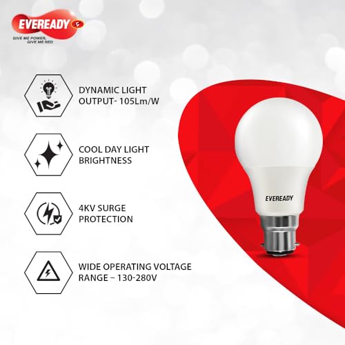 Image of Eveready 5W LED Light Bulb | Long Life & Low Maintenance | Mercury-Free | High Efficiency & Glare-Free Light | 100 Lumens Per Watt | Cool Day Light (6500K) | Pack of 4| b22d