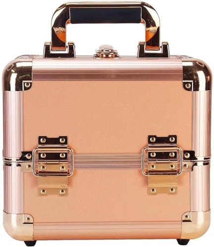Image of Adson Professional Makeup Box Cosmetics Case Jewelry Organiser Vanity Make Up Storage Box Beauty Train Case Lockable with Keys (Metallic Dusty Rose Gold)