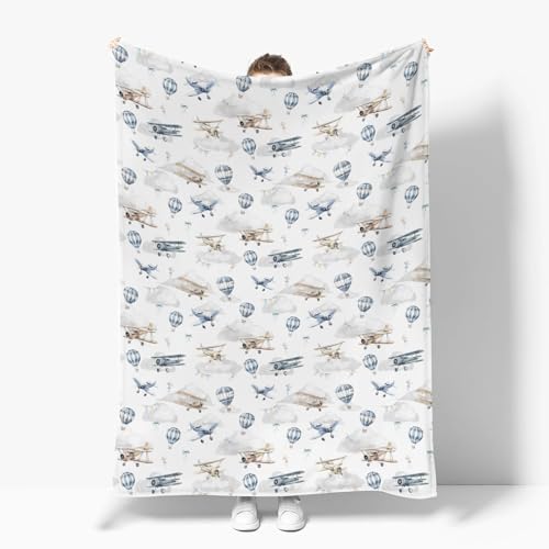 Image of Vintage Planes Airplanes Helicopters Baby Blankets for Boy Girl Hot Air Balloon Plane Clouds Sky Soft Flannel Nursery Bed Blankets for Infant Toddler Crib Swaddle Receiving Blankets 30x40