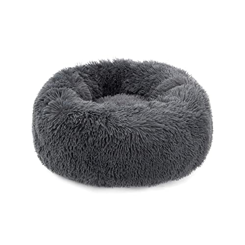 Image of DreamQuil Dog Bed for Extra Large Dogs, Calming Donut Washable Cat Bed Two Tone Shaggy Fluffy fur Round Cuddler Dog Anxiety Relief Pet Cushion Beds, 80cm Diameter, D.Grey
