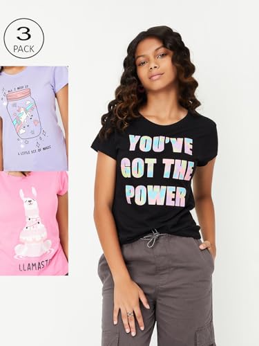 Image of Max Girl's Cotton Regular Fit Graphic Printed T-Shirt - Pack of 3