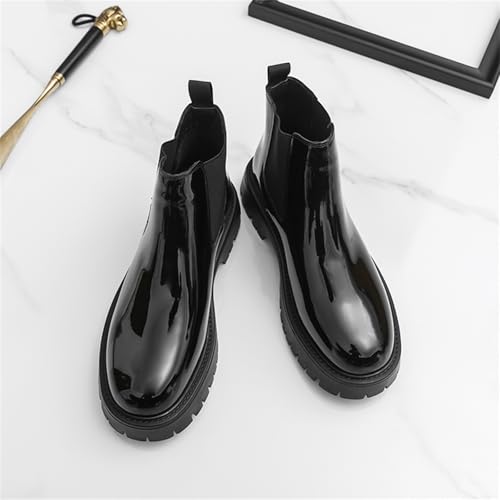 Men's Patent Leather Pull On Platform Low Chunky Block Heel Chelsea Boots Round Toe Lug Sole Ankle Short Boots Comfort Fashion Dress Shoes for Prom Party Dating Wedding3