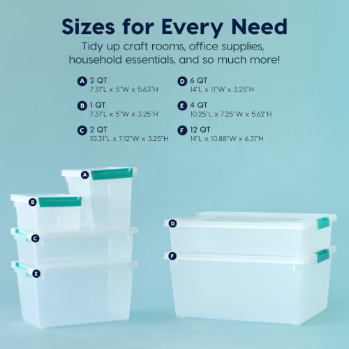 Image of IRIS USA 2 Qt. Craft Storage Bins with Lids, 6-Pack, |Made in USA|, Clip Box, Small Tall Plastic Sensory Bin Tote Organizer Containers for Art Supplies, Paper, & Office, Stackable - Clear /Seafoam Blue
