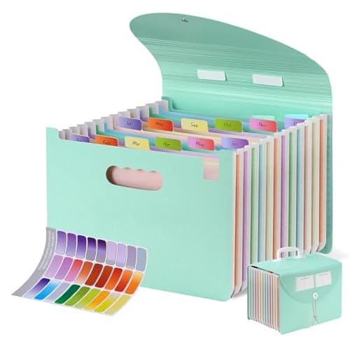 13 Pockets Accordion Filing Organizer,Wheat Straw Expanding File Folder with Handle & Labels,Monthly Paper Bill Receipt Organizer,A4/Letter Size Document Storage for School College Home Offi