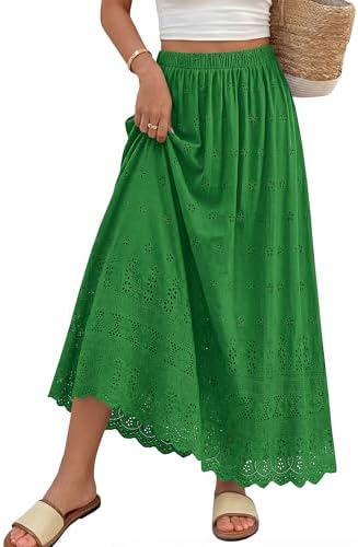 dowerme Women Summer Maxi Skirt Cute Elastic High Waist Boho Eyelet A-Line Cotton Flwoy Long Skirts Spring Clothes 2026