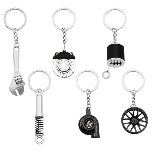 Elechobby 6-Piece Car Parts Keychain Set Brake Disc Gear Shift Alloy Wheel Turbo Shock Absorber Wrench Automotive Enthusiast Gift (Set-1)
