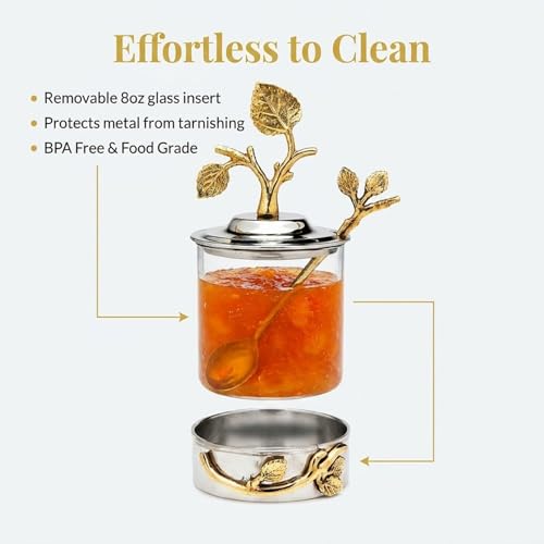 Godinger Elegant Leaf Jam & Honey Jar with Spoon – Stylish Stainless Steel & Glass Dish For Condiments, Sugar & Spreads – Decorative Serveware for Breakfast, Tea, Entertaining & Housewarming Gifts by Godinger - Image 6