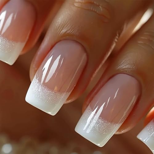 NEWSPIED 24Pcs French Tip Press On Nails Medium Square Glitter Acrylic Nails with White Gradient Design Glossy False Nails Reusable Nude Stick On Nails for Women Manicure Decor Supplies