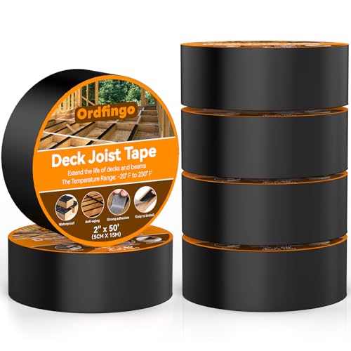 Ordfingo Decking Tape 50mm x 15.2cm - 6 Rolls Waterproof Joist Tape for Decking 2 Inch Weather Resistance Anti-Corrosion Self-Adhesive Butyl Deck Joist Tapes for Wood Joists Decks Beams Roof