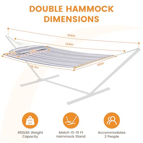 Image of Lazy Daze Hammocks 12FT Quilted Fabric Double Hammock with Spreader Bars and Detachable Pillow, 2 Person, 450 lbs Capacity, Gray White