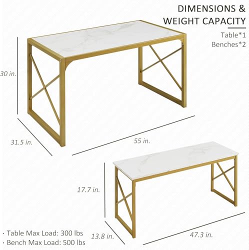 Image of VECELO 55 inch Kitchen Dining Table Set for 4, Heavy-Duty Steel Frame & Wood-Grain Tabletop, Space-Saving Dinette Sets with 2 Benches for Breakfast Nook and Small Space, Golden