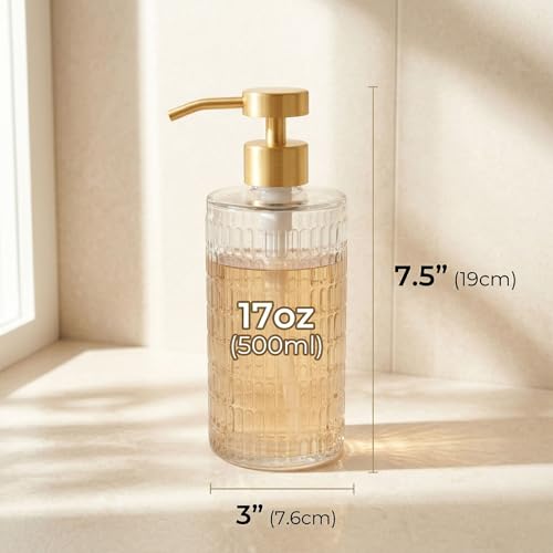 Image of Fluted Glass Hand Soap Dispenser with Gold Pump for Bathroom, 17oz | Vintage Art Deco Reeded Glass, Refillable Clear Ribbed Bottle, Rust-Proof Gold Finish Pump, for Kitchen Countertop
