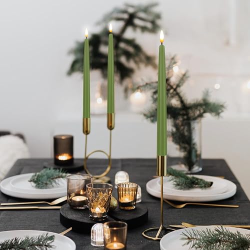 Image of CVHOMEDECO. Flameless Taper Candles with 10-Key Remote, Battery Operated Led Flickering 3D Wick Window Candles Real Wax Finished Home Christmas Party Decor 0.78 x 11 Inch, Pack of 3, Sage Green