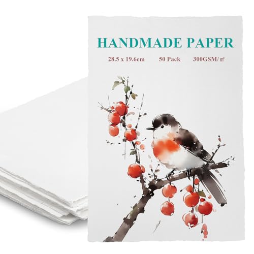 50 Bögen 300GSM Büttenpapier A4 / 28,5CMx19,6CM, Handgeschöpftes Baumwollpapier Aquarellpapier Strukturpapier Dickes Papier für Einladungen Grußkarten Zeichnen Skizzieren Schreiben