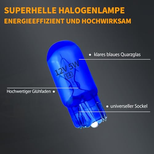 LUDUN W5W T10 Halogen Standlicht Birne 12V 5W – Klare Glassockellampe für Kennzeichenbeleuchtung, Innenraum- & Positionslicht – 2er Set