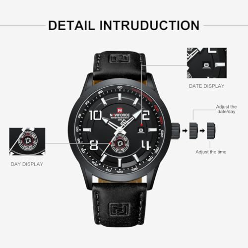 NAVIFORCE Sport Watches for Men Leather Band Waterproof Quartz Analog Wristwatch Easy to Read with Auto Date