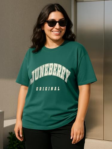 Image of JUNEBERRY 100% Pure Cotton Oversized Baggy Fit Cool Front Chest Graphic Printed Half Sleeve Plus Size T-Shirt for Women & Girls (Sizes: 2XL to 5XL)
