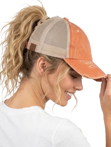 Funky Junque Women's Distressed Trucker Ball Cap with Criss Cross Ponytail Hole for Messy Bun High Bun - Beige Mesh - Burnt Orange (Distressed)