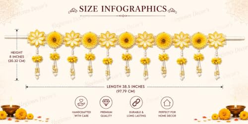 Image of Hegienes Decor's Yellow Flower Toran for Door Entrance, 38.5 Inch Decorative Bandarwal with Pearl Beads and Hanging Latkan, Handmade Floral Door Hanging for Home, Mandir, Pooja, Decoration
