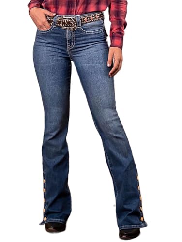 Flamingals Women's Buttoned Hem Bootcut Jeans Without Belt Mid Waist Casual Pants Navy Blue2